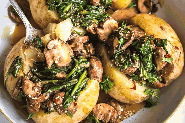 Patates farcides amb xampinyons i espinacs eco